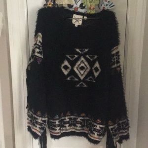 Cotton Rye Black Fringe Aztec Sweater size Medium